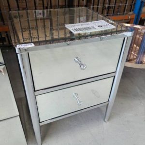 EX SHOWROOM STOCK - MIRROR GLASS AND CHROME BEDSIDE TABLE 2 DRAWER SOFT CLOSE DRAWERS SOLD AS IS