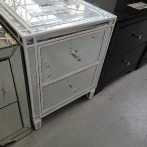 EX SHOWROOM STOCK - MIRROR GLASS AND WHITE TIMBER BEDSIDE TABLE 2 DRAWER SOFT CLOSE DRAWERS SOLD AS IS