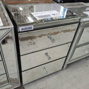 EX SHOWROOM STOCK - MIRROR GLASS BEDSIDE TABLE 3 DRAWER SOLD AS IS
