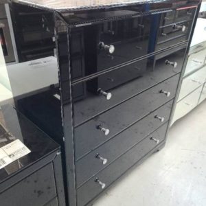 EX SHOWROOM STOCK - NEW BLACK GLASS 5 DRAWER TALLBOY SOLD AS IS