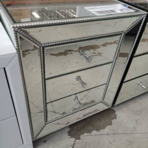 EX SHOWROOM STOCK - MIRROR GLASS WITH STUD DETAIL BEDSIDE TABLE 3 DRAWER SOLD AS IS