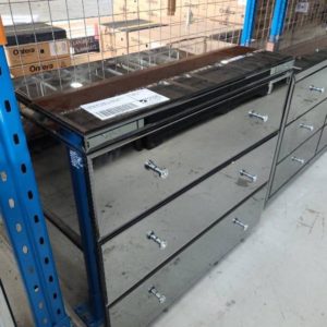 EX SHOWROOM STOCK - SMOKE MIRROR CHEST WITH 3 DRAWERS SOLD AS IS