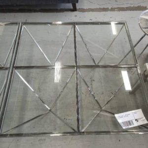 EX SHOWROOM STOCK - LARGE SQUARE GLASS AND CHROME COFFEE TABLE SOLD AS IS