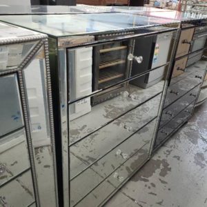 EX SHOWROOM STOCK - NEW MIRRORED 5 DRAWER TALLBOY SOLD AS IS