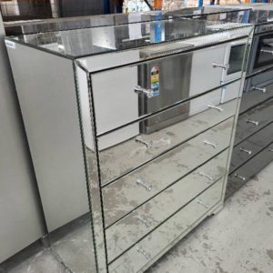 EX SHOWROOM STOCK - NEW MIRRORED 5 DRAWER TALLBOY SOLD AS IS