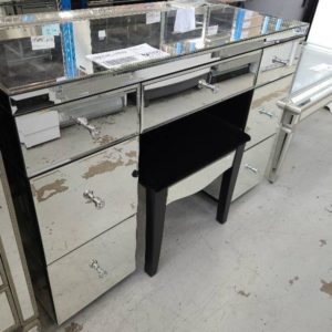 EX SHOWROOM STOCK - NEW MIRRORED DESK WITH DRAWERS WITH DESK STOOL SOLD AS IS