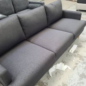EX DISPLAY FURNITURE - BLACK 3 SEATER FABRIC COUCH SOLD AS IS