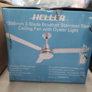 HELLER 1200MM 3 BLADE BRUSHED STAINLESS STEEL CEILING FAN & OYSTER LIGHT TRINITY