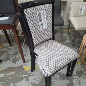SAMPLE STOCK- PAIR OF BLACK DINING CHAIRS WITH WHITE PATTERN UPHOLSTERY *SOME MARKS SOLD AS IS*