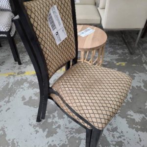 SAMPLE STOCK- PAIR OF BLACK DINING CHAIRS WITH GOLD PATTERN UPHOLSTERY *SOME MARKS SOLD AS IS*
