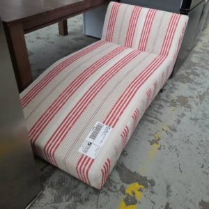 SAMPLE STOCK- RED STRIPED MATERIAL UPHOLSTERED CHAISE *SOME MARKS SOLD AS IS*