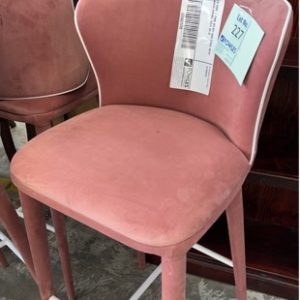 EX HIRE - PINK VELVET BAR STOOL WITH WHITE PIPING SOLD AS IS