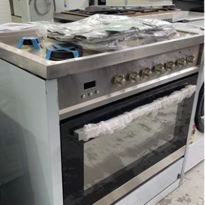 EX DISPLAY EUROMAID EGE9TS 900MM DUEL FUEL FREESTANDING OVEN 5 BURNER GAS COOKTOP 8 COOKING FUNCTIONS WITH TRIPLE GLAZED DOOR RRP$1699 WITH 3 MONTH WARRANTY *DENTED STOCK SOLD AS IS** SOLD AS IS
