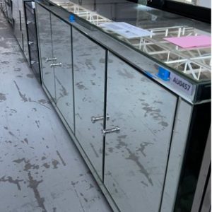 EX SHOWROOM DISPLAY - AU0457 MIRRORED GLASS 4 DOOR SIDEBOARD 1600MM **CRACK ON TOP BACK RIGHT HAND SIDE SOLD AS IS** SOLD AS IS