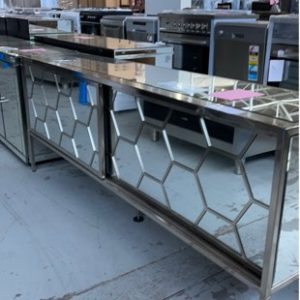 EX SHOWROOM DISPLAY - AU0645 CHROME & MIRROR GLASS SIDEBOARD WITH DECORATIVE SLIDING DOORS 1800MM **SLIGHT DENT IN FRONT OF CHROME** SOLD AS IS