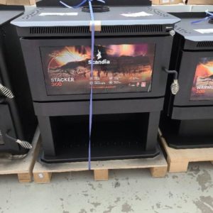 SCANDIA WARMBRITE 300 WOOD HEATER WITH WOOD STACKER BELOW HEATS UP TO 320M2 3 SPEED ELECTRIC FAN RRP$1799 SOLD AS IS SCRATCH AND DENT SCWB300ST-3-19-0087