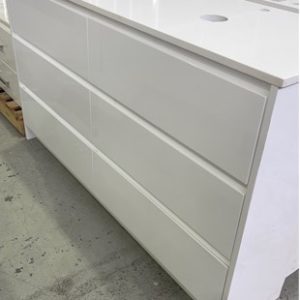 EX SHOWROOM DISPLAY LUSH 1500MM FLOOR VANITY WITH 6 DRAWERS *THIS HAS BEEN PREVIOUSLY INSTALLED IN A SHOWROOM AND HAS FRONT RIGHT HAND CORNER CUT OUT GLUE RESIDUE ON BACK EDGES CHIP IN CORNER OF STONE SOME MARKS SOLD AS IS**