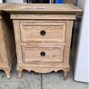 EX DISPLAY WASHED OAK FRENCH PROVINCIAL 2 DRAWER BEDSIDE TABLE SOLD AS IS