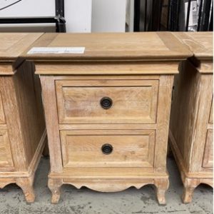 EX DISPLAY WASHED OAK FRENCH PROVINCIAL 2 DRAWER BEDSIDE TABLE SOLD AS IS