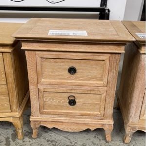 EX DISPLAY WASHED OAK FRENCH PROVINCIAL 2 DRAWER BEDSIDE TABLE SOLD AS IS *CHIPPED FRONT LEFT CORNER SOLD AS IS*