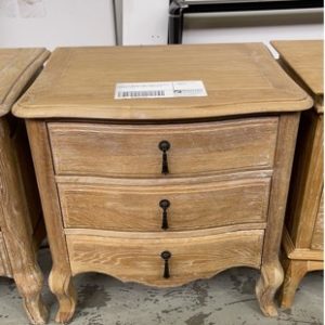 EX DISPLAY WASHED OAK FRENCH PROVINCIAL 3 DRAWER BEDSIDE TABLE SOLD AS IS