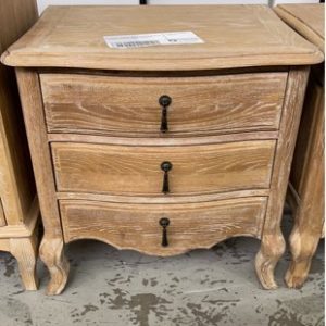 EX DISPLAY WASHED OAK FRENCH PROVINCIAL 3 DRAWER BEDSIDE TABLE SOLD AS IS