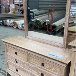EX DISPLAY WASHED OAK FRENCH PROVINCIAL DRESSING TABLE WITH MIRROR BACK LEG REQUIRES ADJUSTMENT AND FRONT RIGHT CORNER OF DRESSING TABLE IS CHIPPED SOLD AS IS