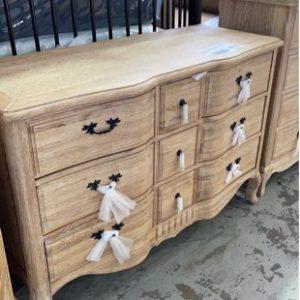 EX DISPLAY WASHED OAK FRENCH PROVINCIAL DRESSING TABLE WITH 9 DRAWERS SOLD AS IS