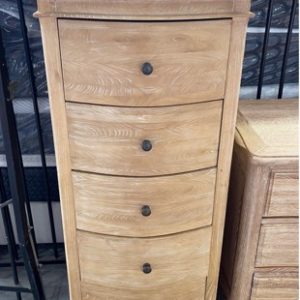 EX DISPLAY WASHED OAK FRENCH PROVINCIAL NARROW CHEST WITH 5 DRAWERS *FRONT LEFT CORNER IS CHIPPED SOLD AS IS