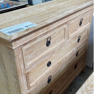 EX DISPLAY WASHED OAK FRENCH PROVINCIAL TALLBOY WITH 5 DRAWERS *CHIPPED FRONT LEFT CORNER SOLD AS IS*