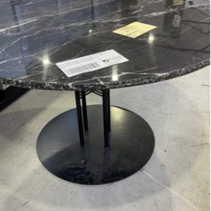 EX HIRE ROUND BLACK FAUX STONE DINING TABLE 1200MM ON METAL FRAME CHIPPED & DAMAGED CHECK PICTURES SOLD AS IS EXTREMELY HEAVY