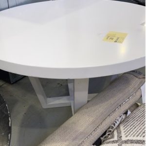 EX HIRE ROUND WHITE TIMBER DINING TABLE 1300MM CHIPPED & DAMAGED CHECK PICTURES SOLD AS IS NO BOLTS SUPPLIED TO CONNECT TABLE TO BASE