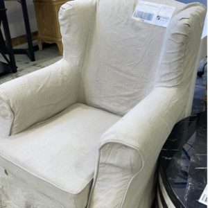 EX HIRE BEIGE LINEN COVERED ARM CHAIR SOLD AS IS