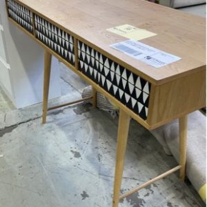 EX HIRE TIMBER DESK WITH BLACK & WHITE DECORATIVE PANELS SOLD AS IS CHECK PICTURES 1200MM X 550MM DEEP