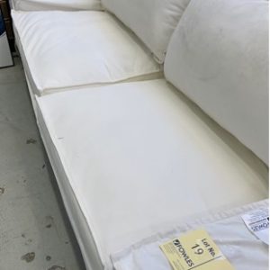 EX HIRE WHITE LINEN COVERED 3 SEATER COUCH SOLD AS IS CHECK PICTURES.