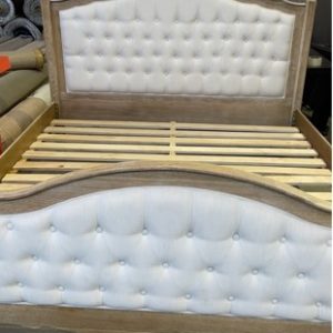 BRAND NEW FABIAN KING FRENCH PROVINCIAL STYLE BEDFRAME UPHOLSTERED HEADBOARD AND FOOTBOARD WASHED OAK **SOME CHALK MARKS MAY BE ON MATERIAL** SOLD AS IS