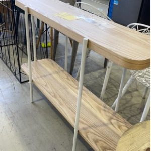 EX HIRE TIMBER HALL TABLE WITH METAL BASE SOLD AS IS