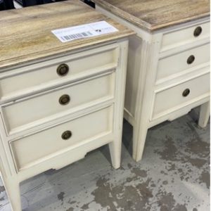 EX HIRE OAK BEDSIDE TABLE WITH CREAM DRAWERS SOLD AS IS