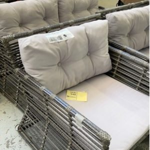 EX HIRE OUTDOOR SETTING COUCH WITH 2 ARM CHAIRS CANE WITH GREY CUSHIONS SOLD AS IS
