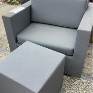 EX HIRE PAIR OF GREY OUTDOOR CHAIRS WITH SIDE TABLE SOLD AS IS