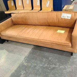 EX HIRE CAMEL LEATHER 3 SEATER COUCH SOLD AS IS **MARKS FADING SOLD AS IS CHECK EXTRA PICTURES**