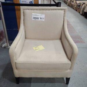 EX HIRE CREAM LINEN CHAIR WITH STUD DETAIL SOME STAINS AND MARKS SOLD AS IS CHECK PICTURES SOLD AS IS