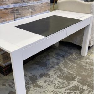 EX HIRE TIMBER WHITE DESK WITH TWO DRAWERS 1600MM X 700MM DEEP CHECK PICTURES SOLD AS IS