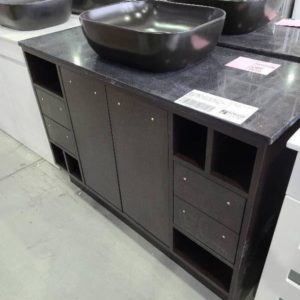 NEW 1200MM SINGLE BOWL VANITY WITH WENGE TIMBER CABINET WITH BLACK STONE TOP AND BLACK ABOVE COUNTER BOWL BV712T