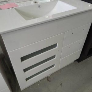NEW 900MM WHITE GLOSS VANITY CABINET WITH GLASS DOORS WITH WHITE CERAMIC VANITY TOP BV-390W