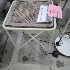 EX HIRE WHITE METAL & RATTAN SIDE TABLE SOLD AS IS