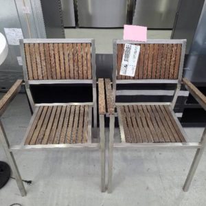 EX HIRE CHROME AND TIMBER OUTDOOR CHAIR WEATHERED SOLD AS IS