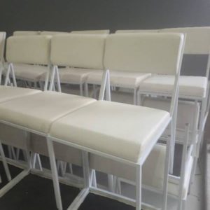 EX HIRE WHITE VINYL CHAIR WITH WHITE METAL FRAME SOLD AS IS