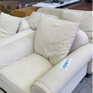 EX HIRE CREAM UPHOLSTERED 2.5 SEATER COUCH AND 2 ARM CHAIRS SOLD AS IS