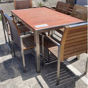 EX HIRE TIMBER & CHROME OUTDOOR SETTING WITH 8 CHAIRS SOLD AS IS